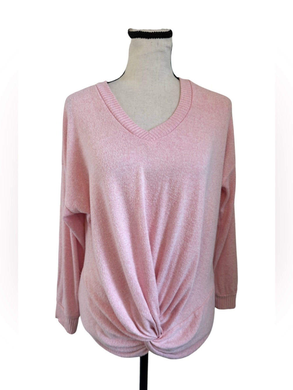 Poof New York Pink Twist Front Sweater Top L V Neck Draped Hem Soft Knit